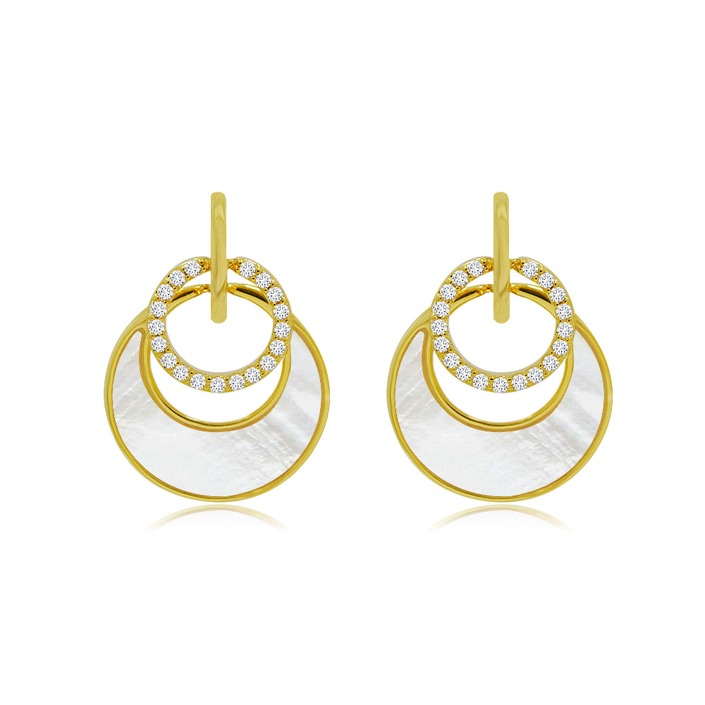 A pair of Round CZ With Round Shell Dangle Earrings, featuring gold plating, sparkling cubic zirconia studs, and a circular mother of pearl drop.