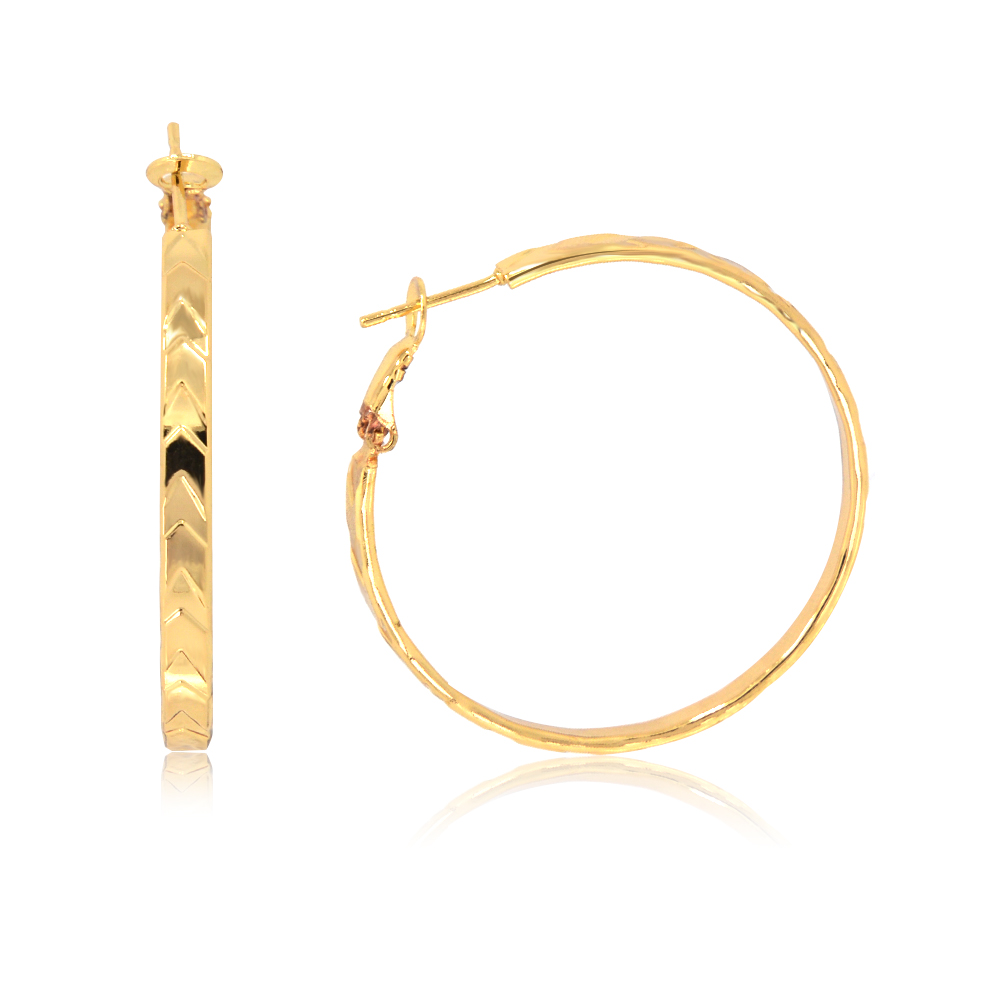A pair of Gold Diamond-cut Thin Hoop Earrings, style FEQ01-G-00370, showcasing their lightweight design and gold-plated finish.