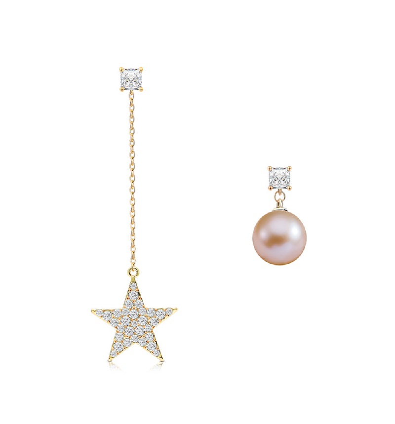 A pair of Star Pearl Link Chain Earrings featuring a gold star charm with cubic zirconia and a separate elegant pearl stud, displayed on a neutral background.