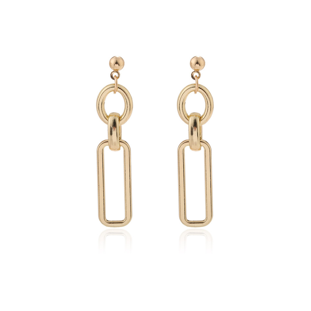 A studio shot of the Gold Filled Link Earrings JRE-063, showcasing the polished gold finish and the modern design with a ball, ring, and rectangular frame.