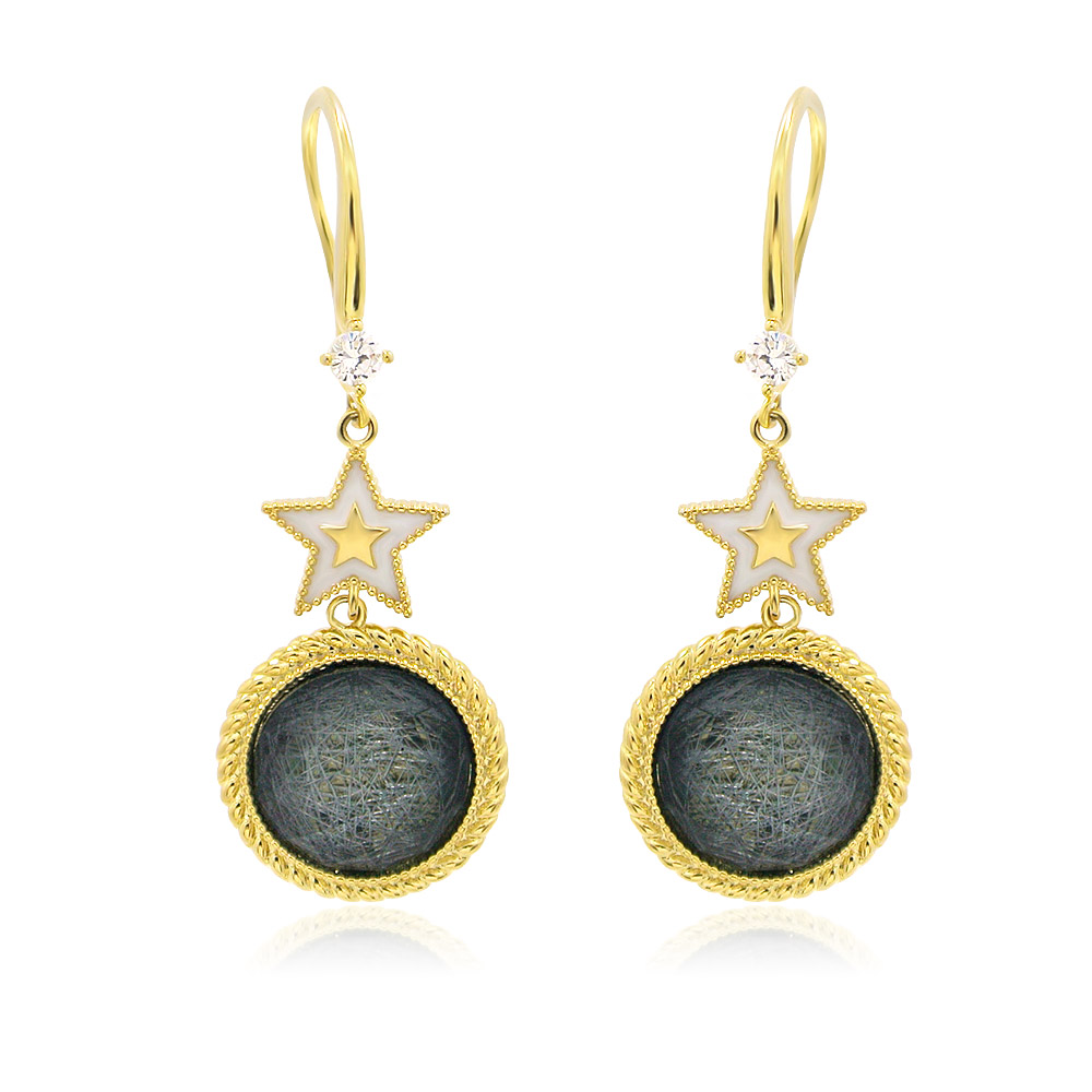 A close-up view of the Star Iridescent Resin Earrings, showcasing the gold-plated star charms and black stone pendants.