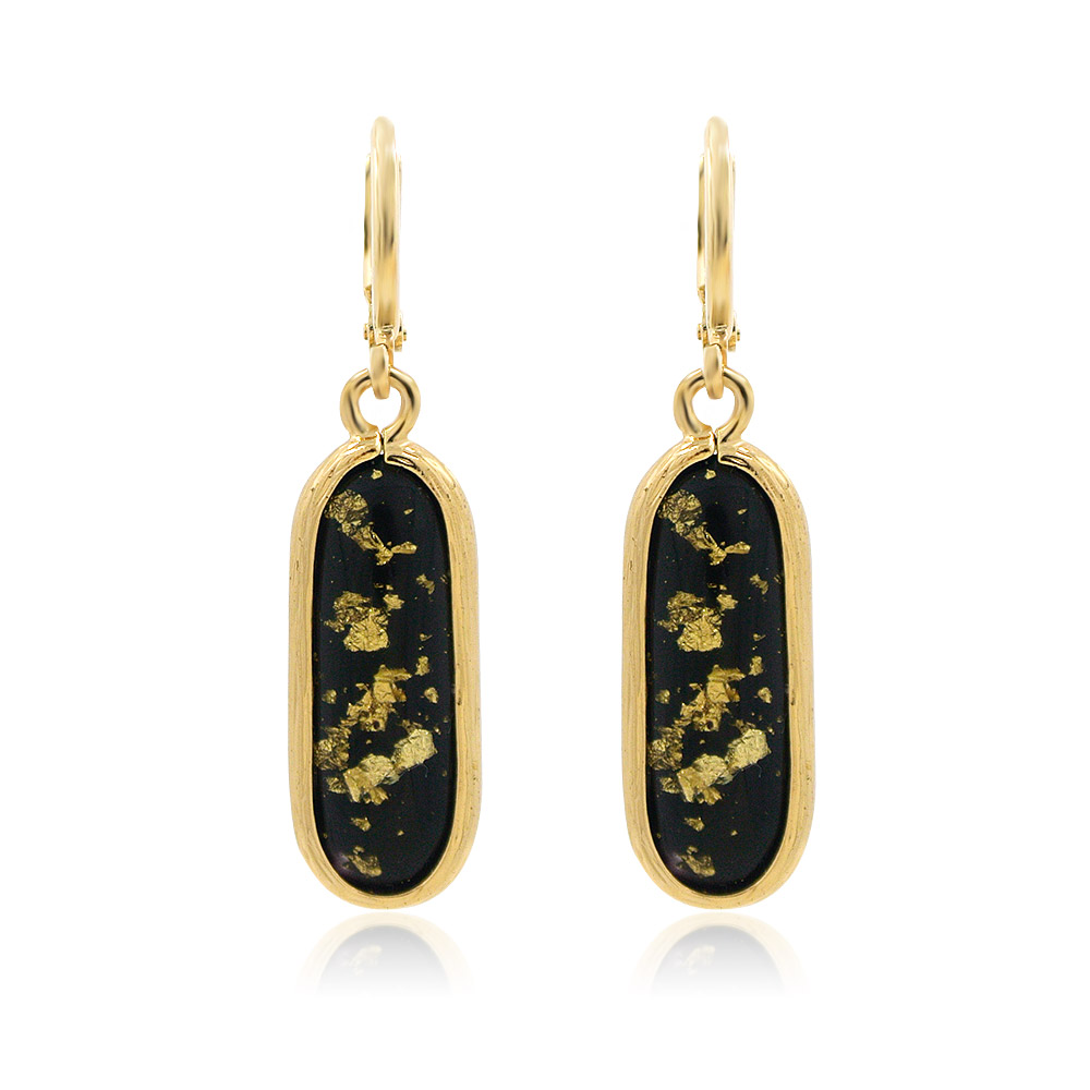 A pair of Black and Gold Resin Earrings with gold-plated hooks, showcasing black resin with elegant gold flecks.