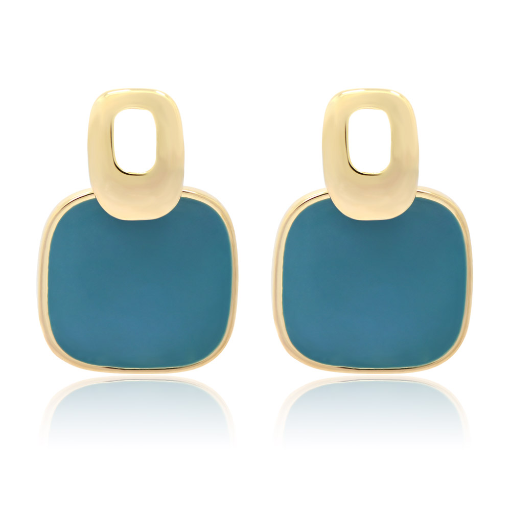 A pair of Cubic Square Blue Enamel Studs with gold plating and vibrant blue-green epoxy inserts, shown on a white background.