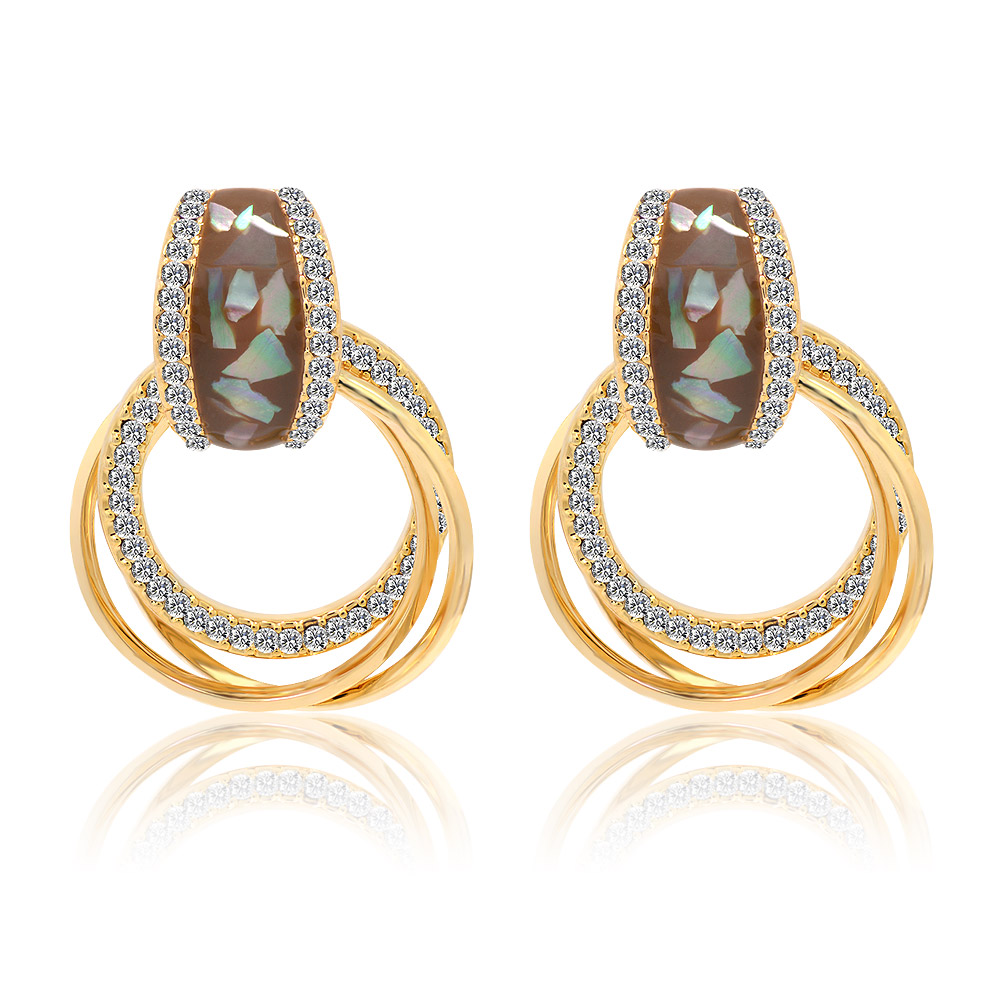 A close-up of the Brown Shell Print Enamel Hoops Drop Earrings, showcasing the gold plating, iridescent brown shell epoxy, and surrounding white Czech crystals.