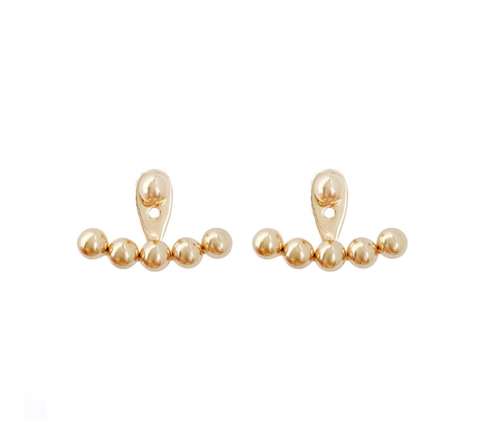 A pair of polished gold-plated ball ear jacket earrings with sterling silver posts, shown against a white background.