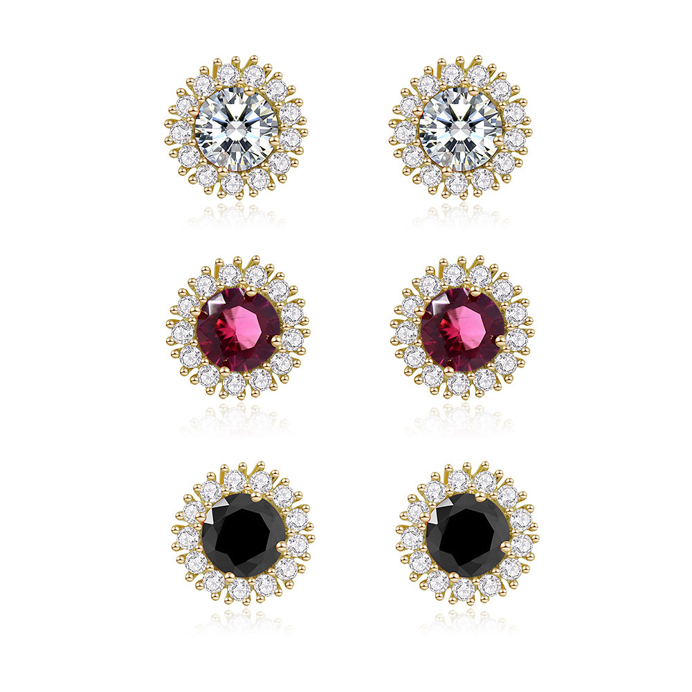 A set of three pairs of gold-plated CZ cluster round stud earrings in clear, red, and black gemstones, displayed on a white background.