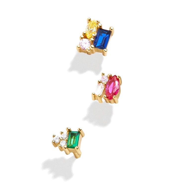 A collection of three pairs of 925 Sterling Silver Gemstone Stud Earrings by JR Fashion, featuring vibrant colored gemstones set in lustrous gold plating.