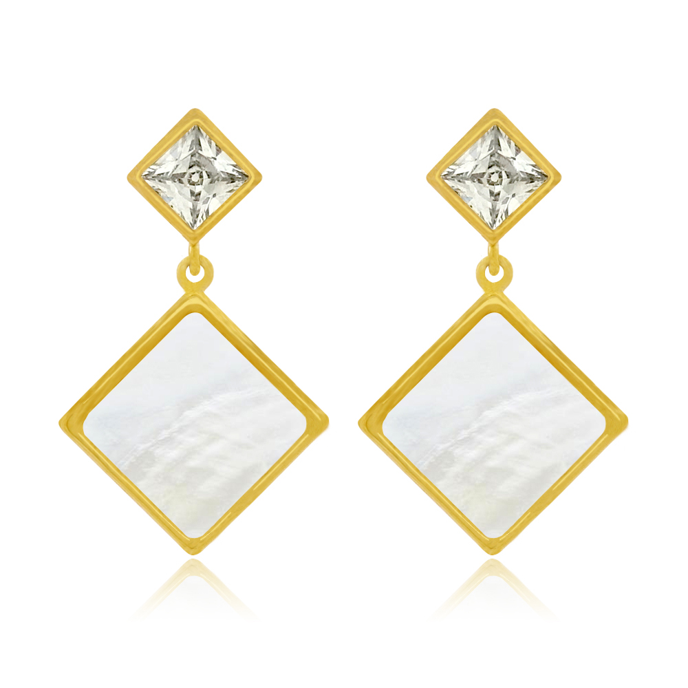 Close-up of Square Shell Drop Post Earrings, showcasing the gold-plated brass, white cubic zirconia, and shell details.