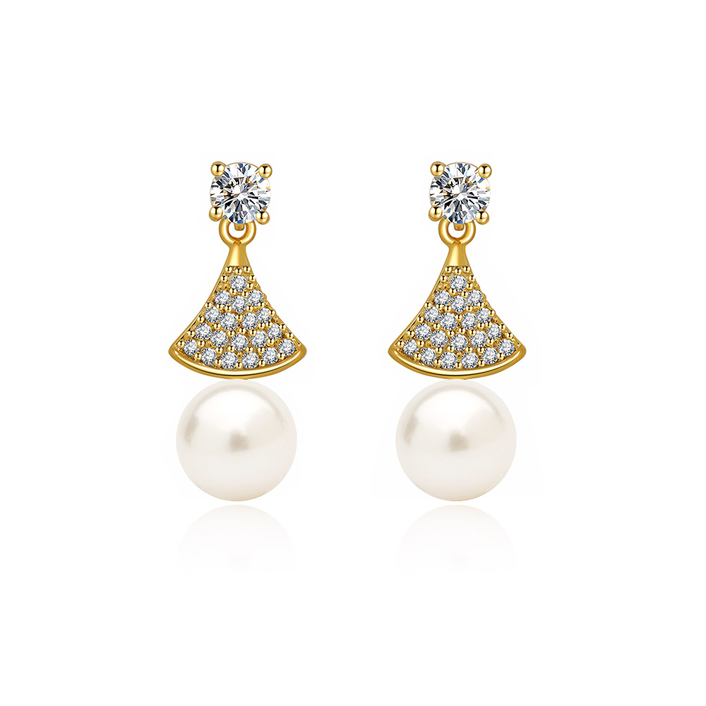 A close-up view of the Fan Design 6mm Pearl Drop Earrings, showcasing the intricate gold-tone fan shape, sparkling cubic zirconia crystals, and a central white shell pearl.