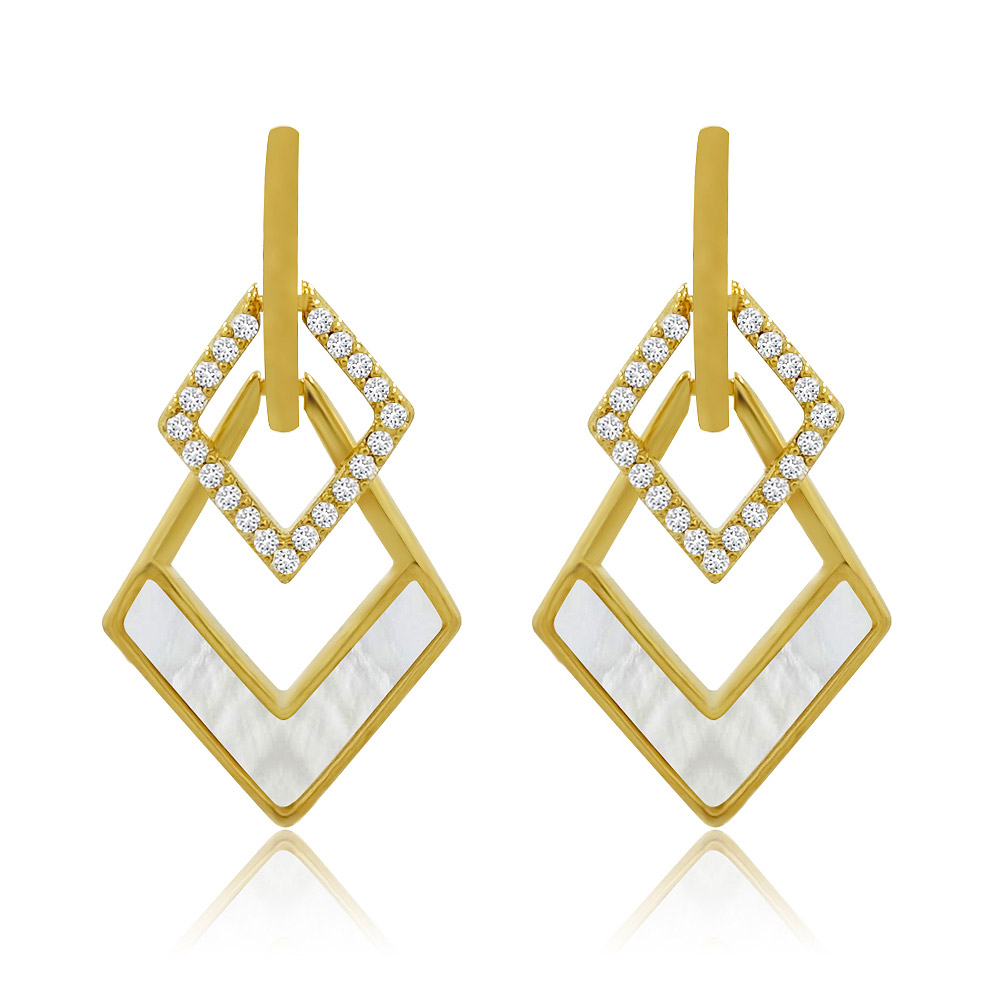 A pair of gold-plated Triangle Shell Frame CZ Charm Earrings, showcasing the triangular shell inlay and brilliant cubic zirconia accents against a white background.