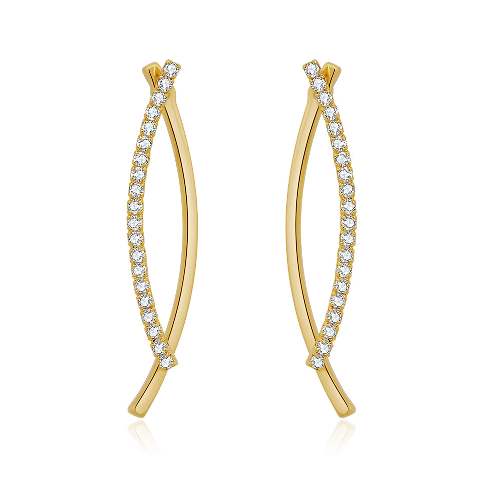 A close-up studio shot of the Overlap Curve Bar Earrings in Gold, showcasing the intricate gold-plated brass design and sparkling Czech crystal details.