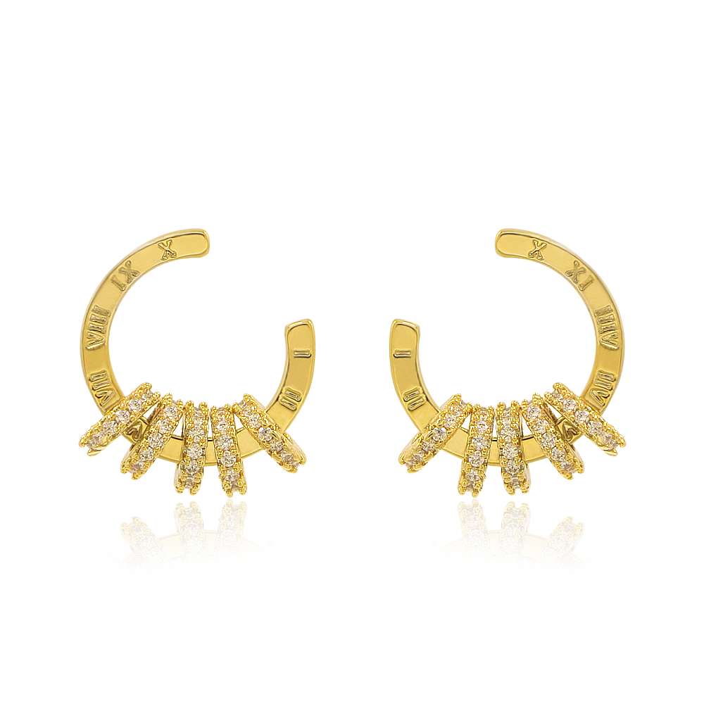 Close-up of Gold Circle Hoop Studs (BEQ04-G-Z-01210) showcasing the five gold-filled rings and sparkling cubic zirconia stones on a white background.