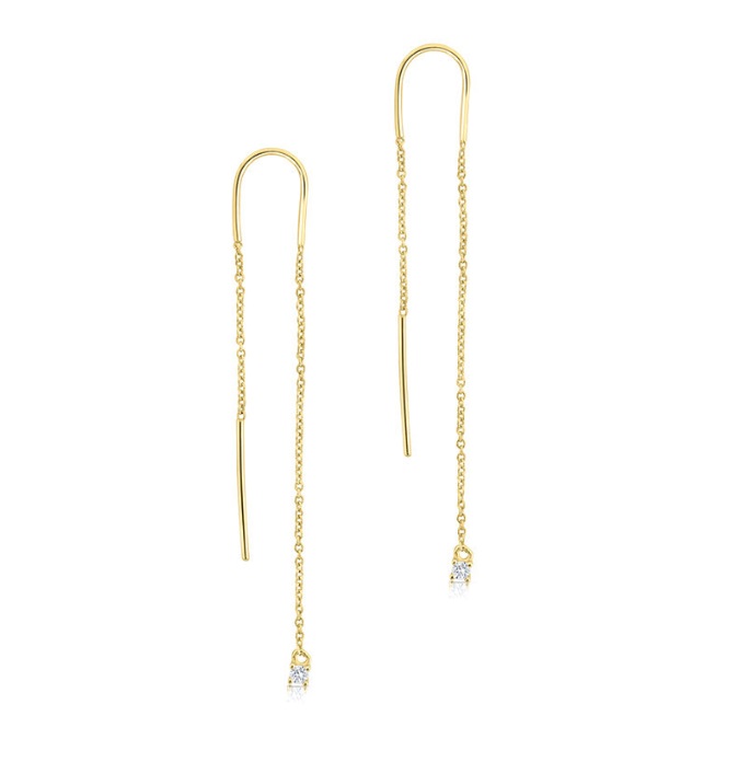A pair of gold-plated 925 sterling silver threader drop wedding earrings with sparkling cubic zirconia, style JRS-030.
