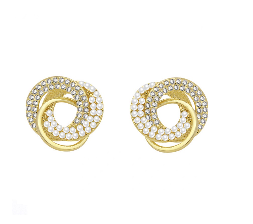 A close-up of the Unique Style Sweet Triple Ring Pearl Earrings Studs, showcasing the intricate gold-plated design with white pearl and crystal accents.