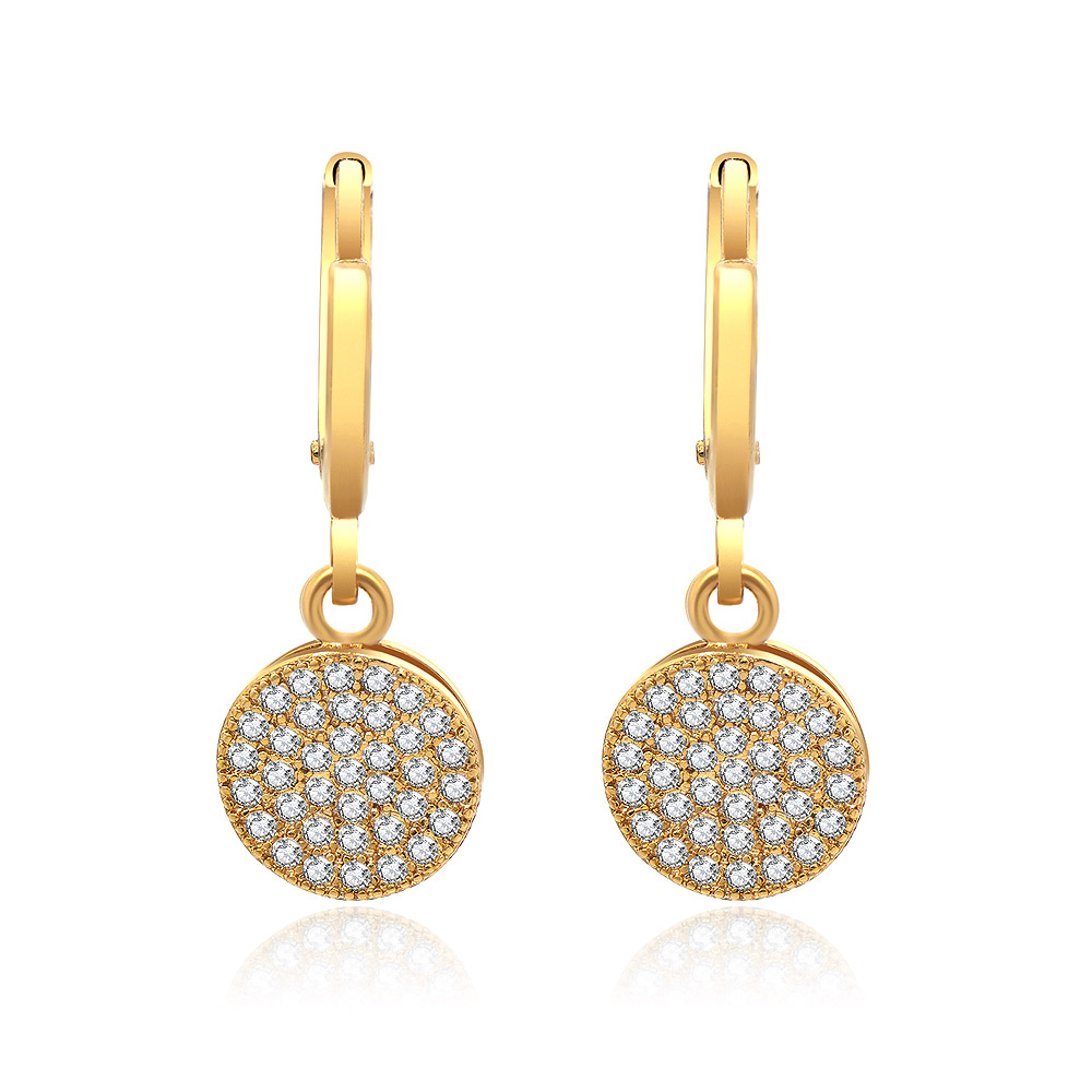 A pair of Gold Zirconia Drop Earrings, featuring circular pendants with handset clear gemstones on a white background.