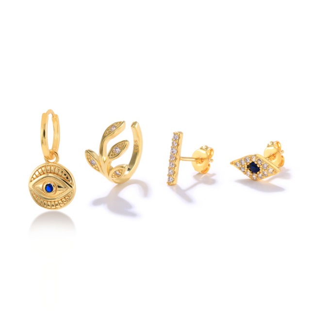 A set of four Evil Eyes Hoop Huggie Earrings in gold plating, featuring various designs with sparkling cubic zirconia gemstones, displayed on a white background.