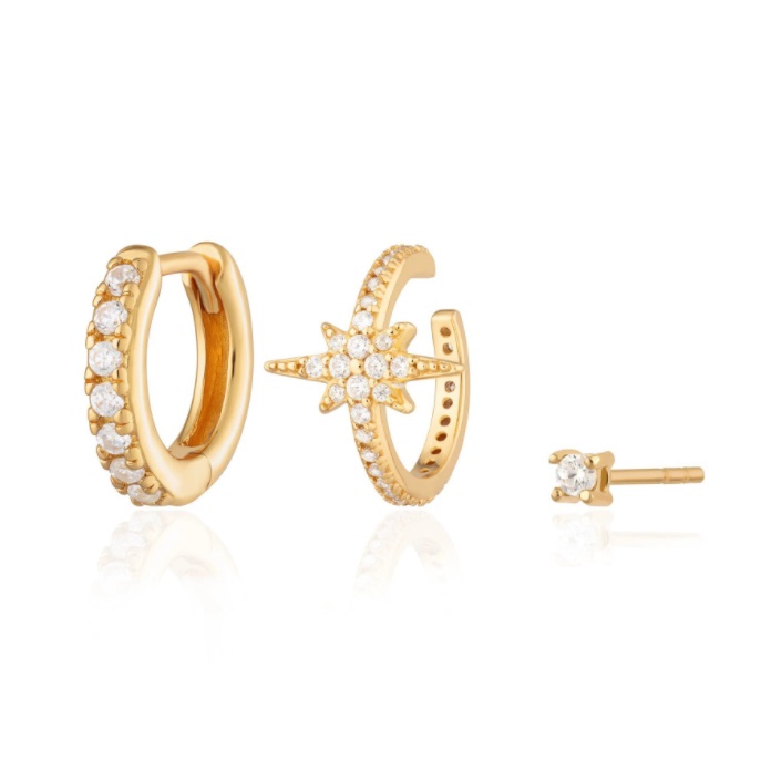 A set of Sunburst Huggie Earrings in gold plating, featuring hoop and post styles adorned with brilliant white cubic zirconia gemstones.