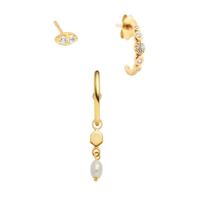 A set of three gold-plated fancy drop earrings (Model JRE-141), featuring white cubic zirconia gemstones and a pearl, displayed on a clean background.