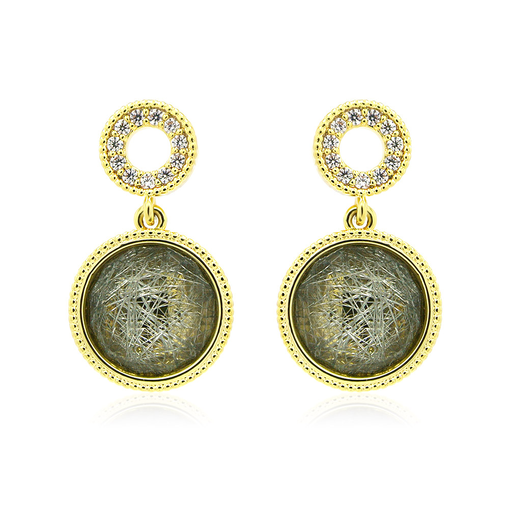 A close-up of the Greenish Color Glitter Resin Earrings, showcasing the gold plating, white cubic zirconia, and unique textured greenish resin center.