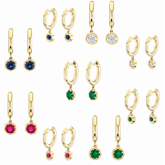 A collection of Halo Huggie Drop Earrings, featuring gold plating and sparkling cubic zirconia in various colors, displayed on a neutral background.