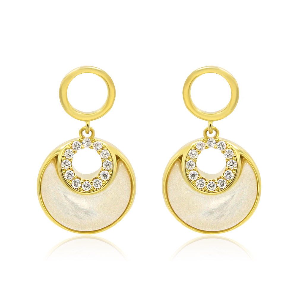 A pair of Moon Crescent dangle earrings in gold plating, featuring a delicate white shell inlay and sparkling cubic zirconia accents, shown on a neutral background.