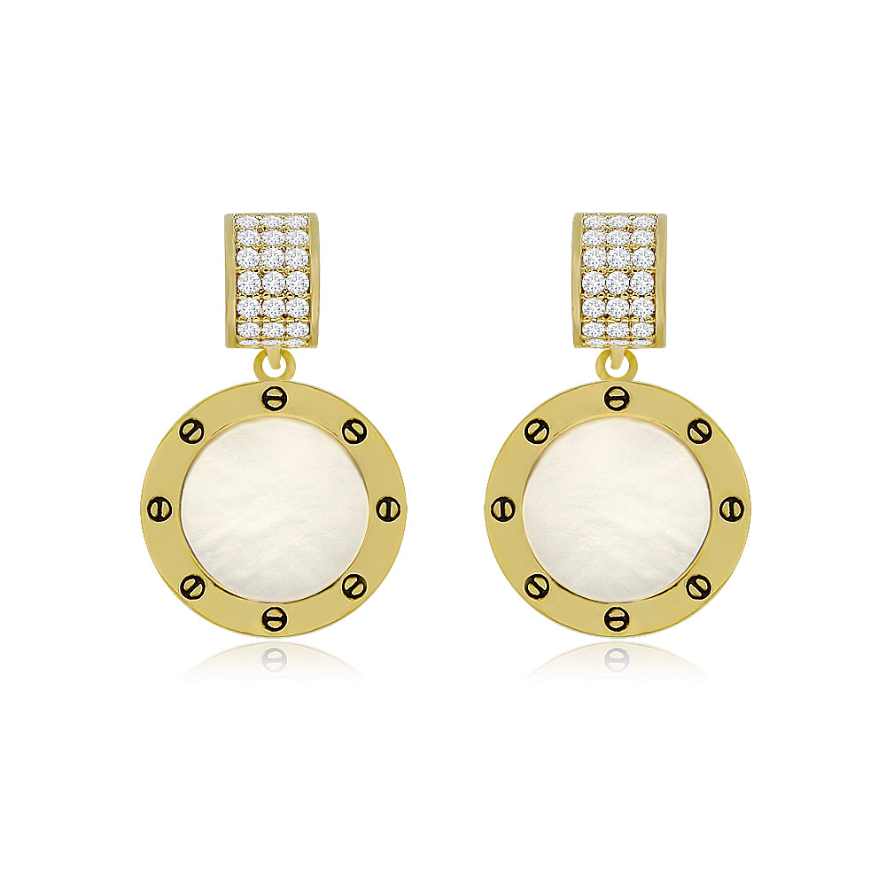 A pair of Pave and Shell Drop Earrings featuring gold-plated brass, circular shell pearl pendants, and cubic zirconia-studded tops.