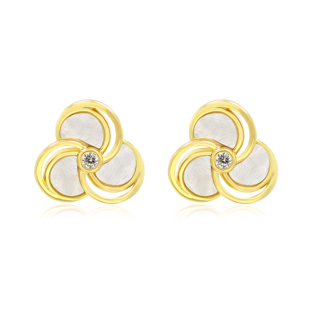 A detailed studio shot of the Shell Petal Flower Stud Earrings, highlighting the gold-plated brass and the intricate white shell petal inlays.