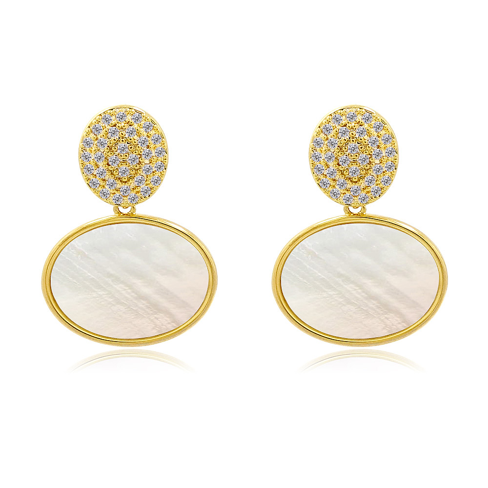 Sparkling Oval Shell Dangle Post Earrings in gold, featuring white cubic zirconia and mother-of-pearl style shell inlays.
