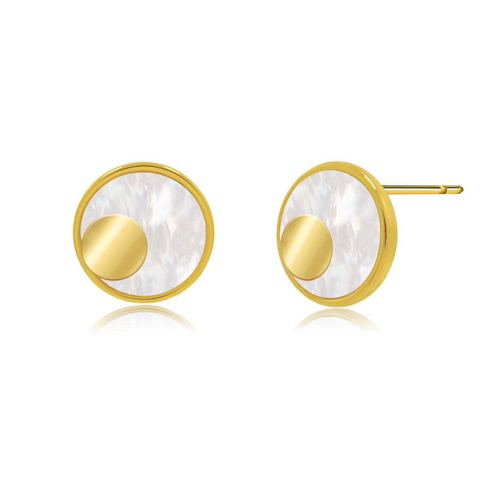 A close-up view of the Contemporary Style Shell Disc Studs, showcasing the intricate mother-of-pearl inlay set in a polished gold-plated brass frame.