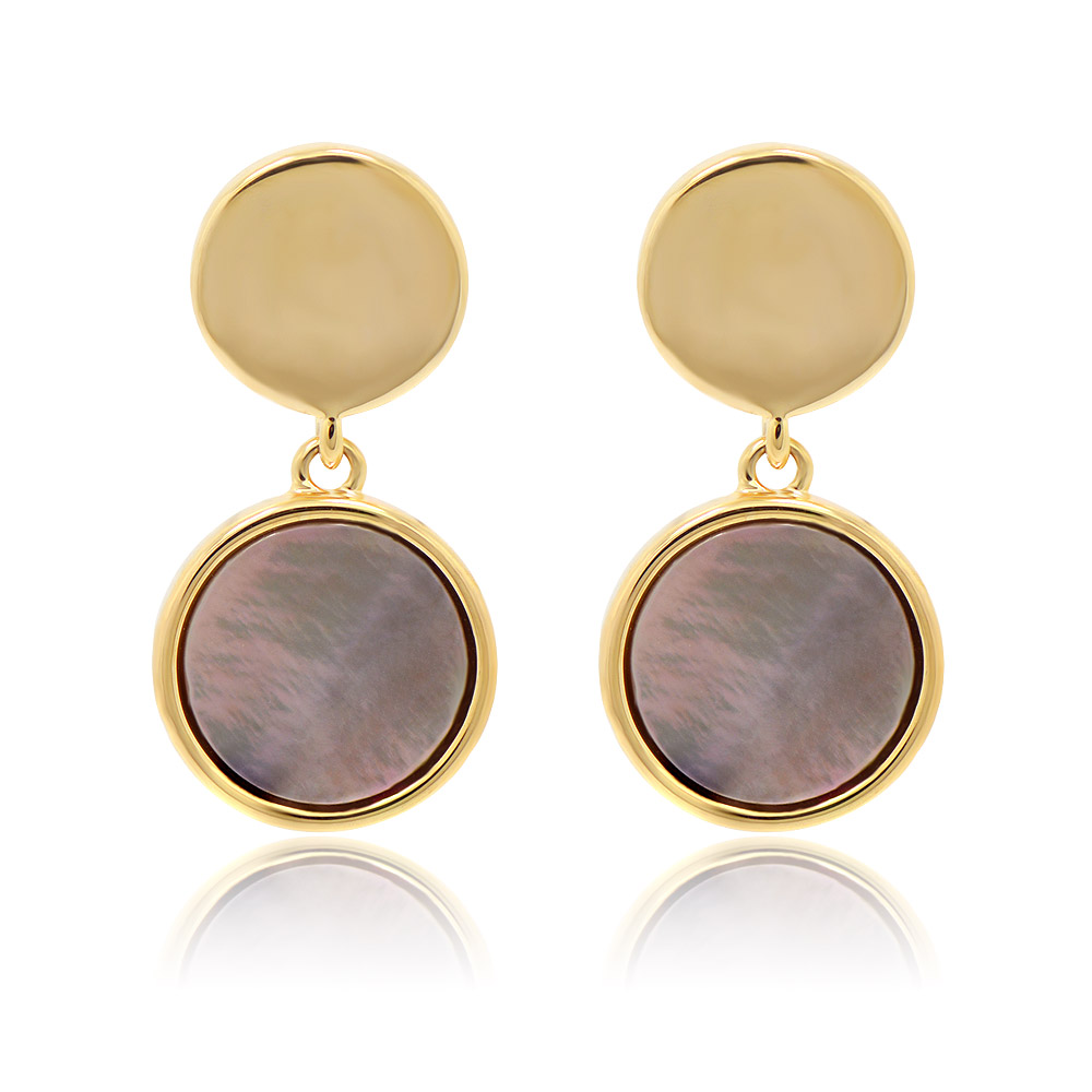 A pair of Abalone Seashell Mini Round Stud Earrings with gold plating and iridescent mother-of-pearl inlays on a white background.