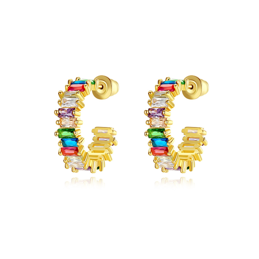 A pair of Rainbow Medium Baguette Hoop Earrings, made of gold-plated brass with a row of vibrant, multi-colored cubic zirconia gemstones.