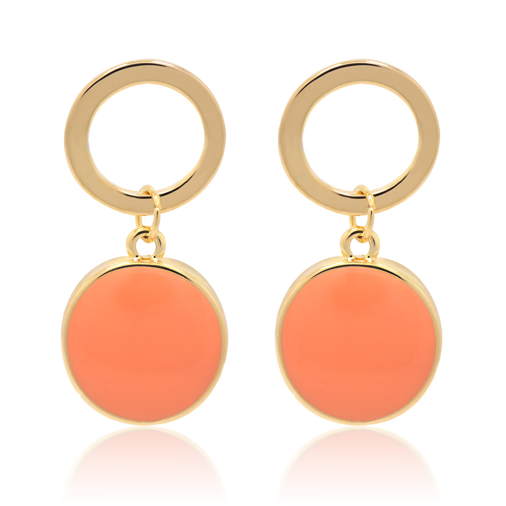 Spring Orange Enamel Round Disc Earrings, featuring gold studs with vibrant orange circular pendants.