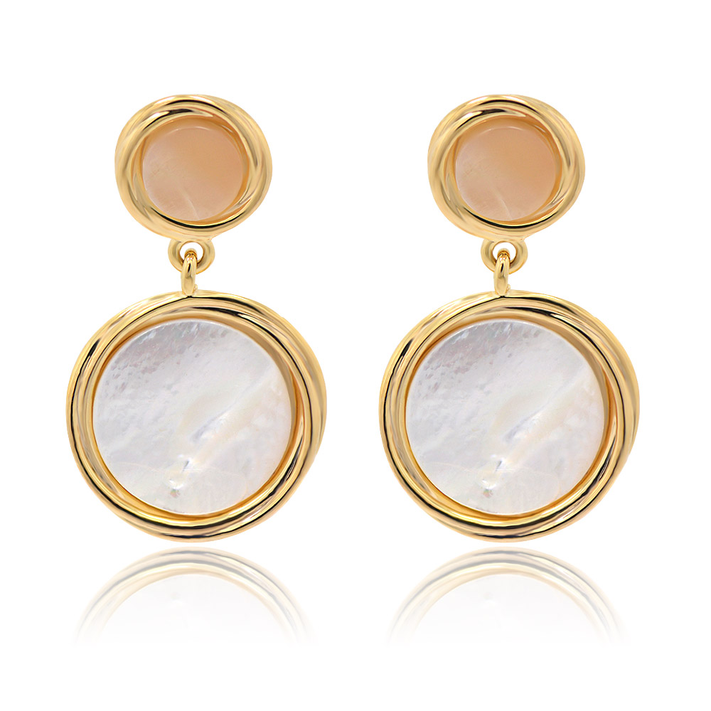 A pair of Mini Flat Double Round Shell Disc Earrings with a gold setting, featuring a top peach-colored stone and a bottom white shell stone against a clean white background.