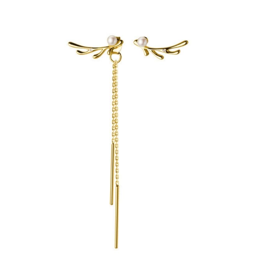 A set of 5 asymmetrical 925 sterling silver earrings with pearl tassels and antler designs, shown in a luxurious gold plating.