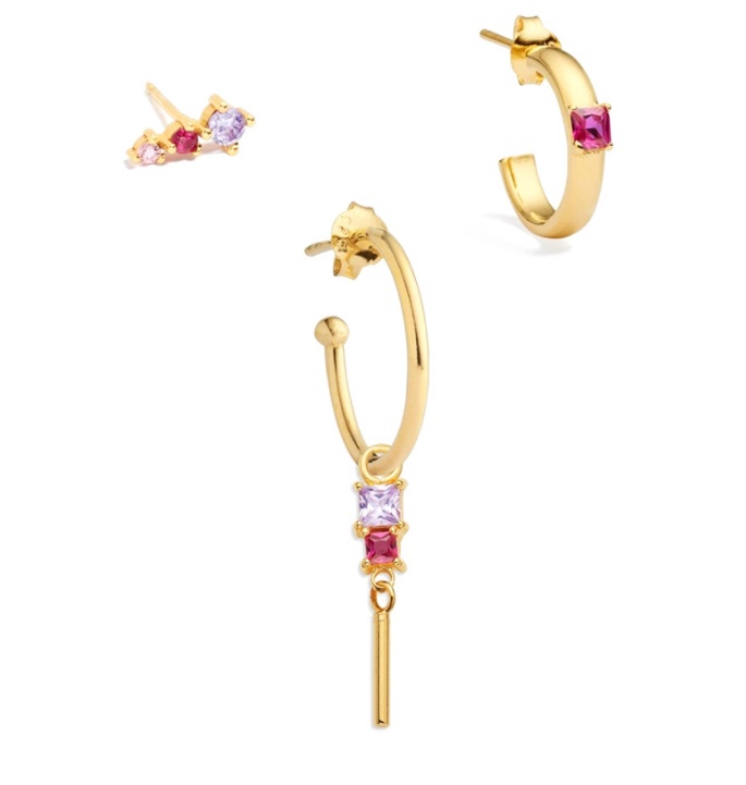 A set of three gold-plated Pink Hoop Drop Earrings (JRE-145) featuring two hoops and one bar earring, all adorned with sparkling pink and purple cubic zirconia stones.