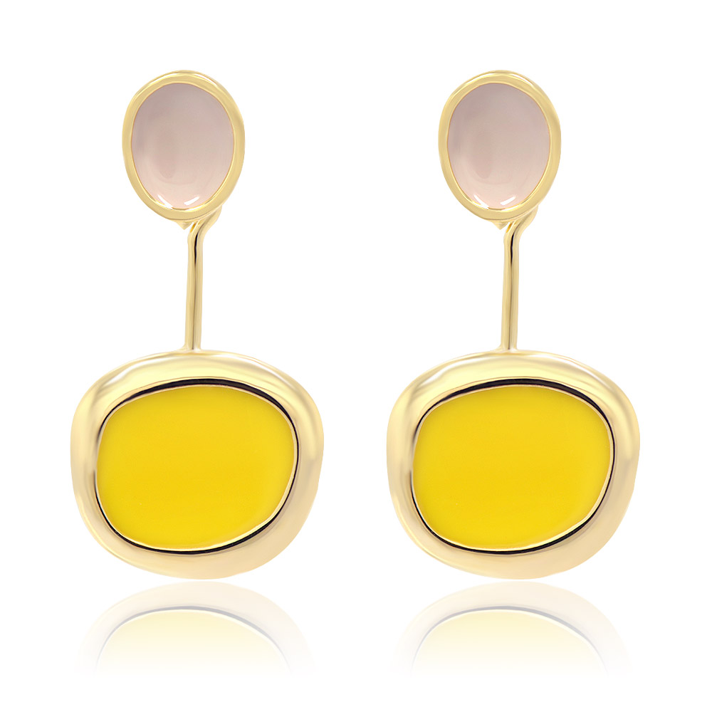 A pair of Color Enamel Disc Two-Tone Earrings in beige and yellow, featuring a gold-plated setting and post closure.
