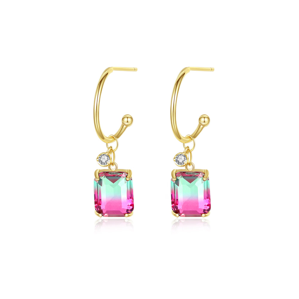 Close-up of Gold Drop Rainbow Hoop Earrings, showcasing the vibrant pink-green gradient gemstone and sparkling accents on a gold-plated brass hoop.