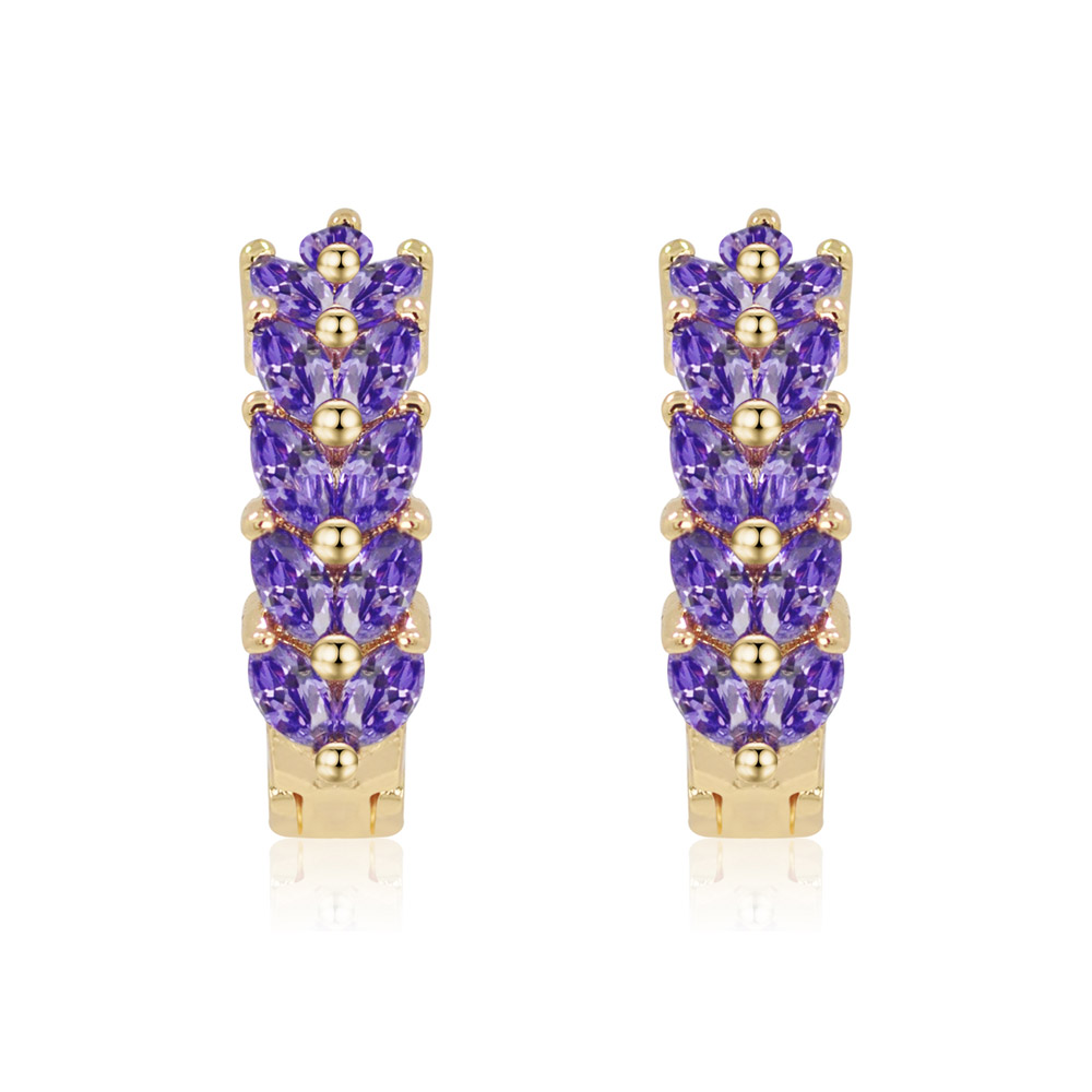 Front view of Huggie Purple Hoops, featuring multiple rows of brilliant AAA quality purple cubic zirconia set in polished gold-plated brass.