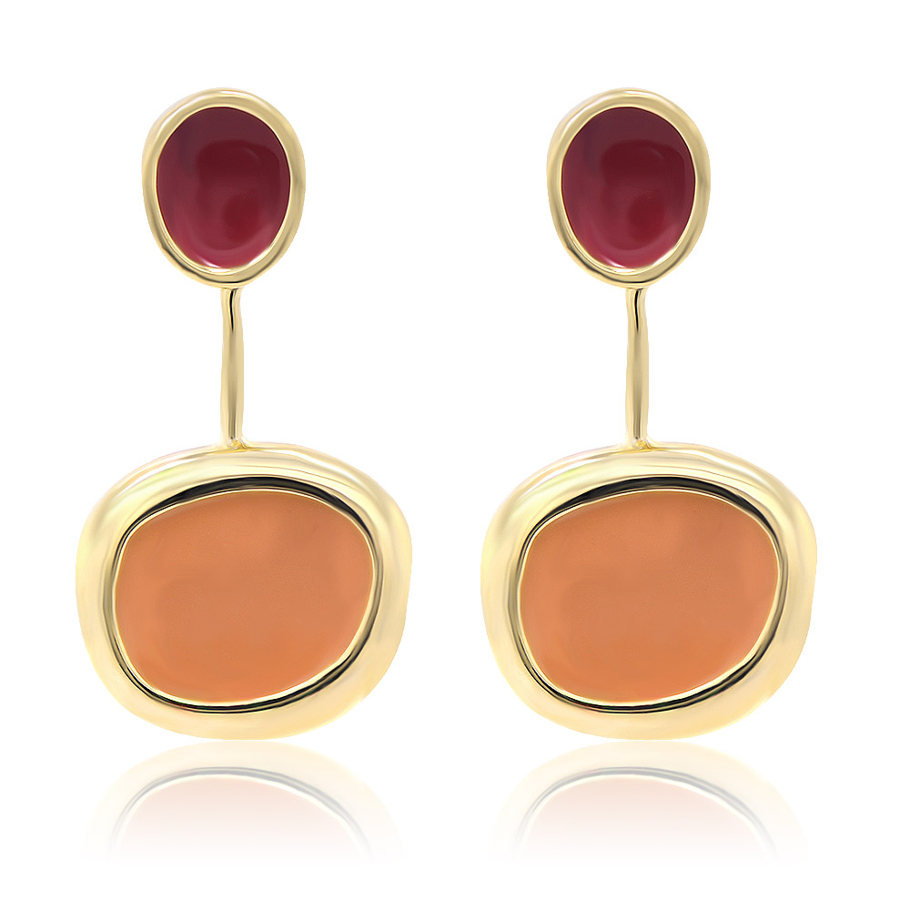 A pair of Color Enamel Disc Two Tone Earrings in red and brown, showcasing the gold plating and epoxy design.