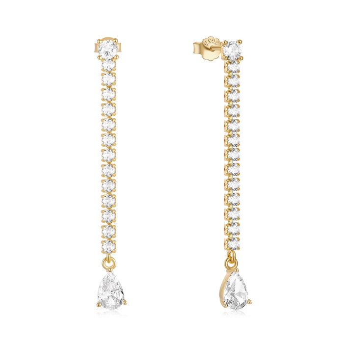A pair of 925 sterling silver pear drop earrings with gold plating, featuring a brilliant teardrop-shaped cubic zirconia pendant.