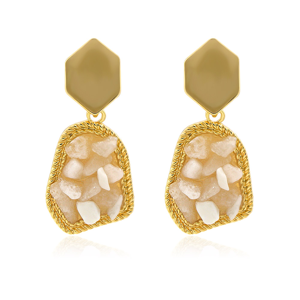 A pair of Raw Stone Earrings in Beige, featuring gold-plated brass and sparkling white crystal inlays on a white background.