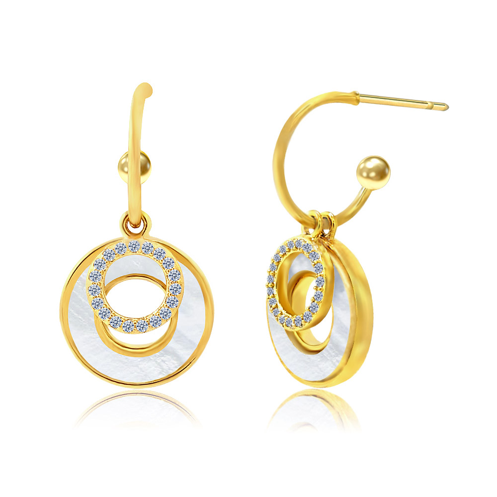 Close-up of the Hook Shell Earrings, showcasing the intricate gold-plated design with a white shell inlay and sparkling cubic zirconia accents.