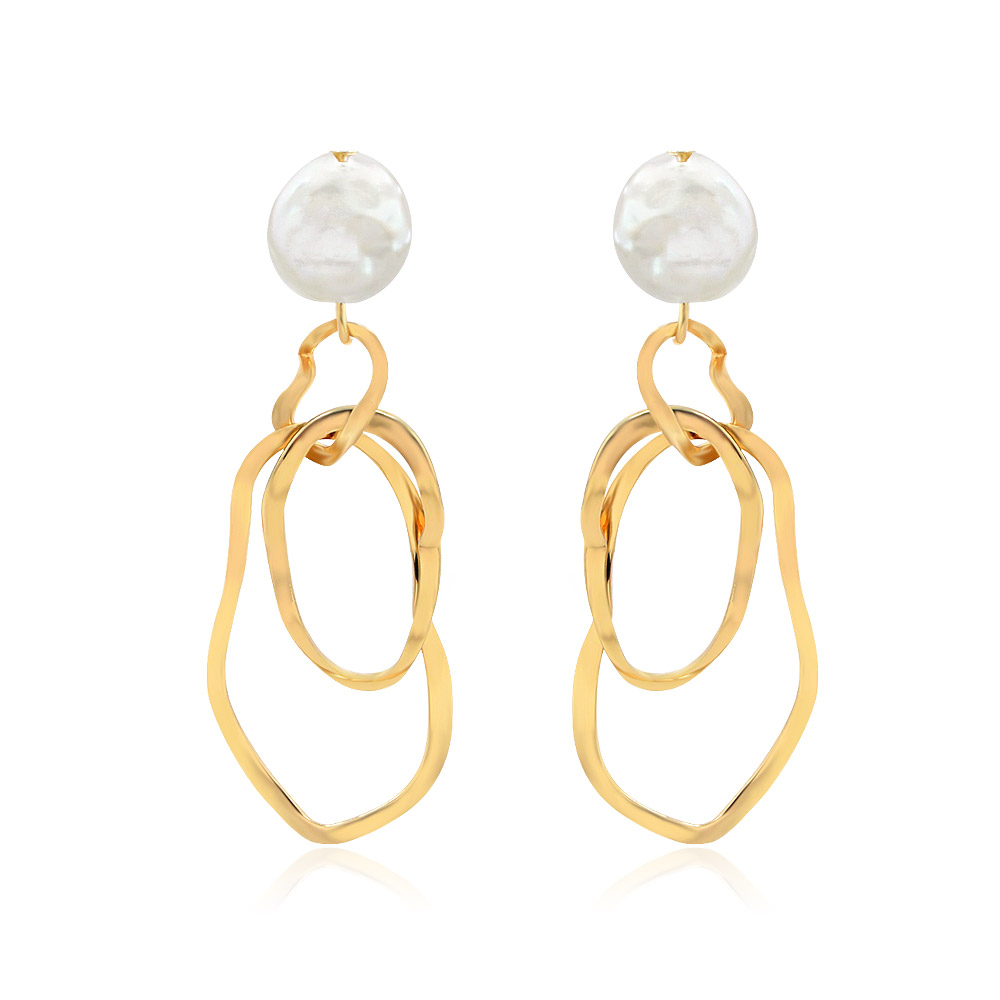 Fresh Water Pearl Baroque Asymmetrical Earrings with gold interlocking oval-shaped rings on a white background.