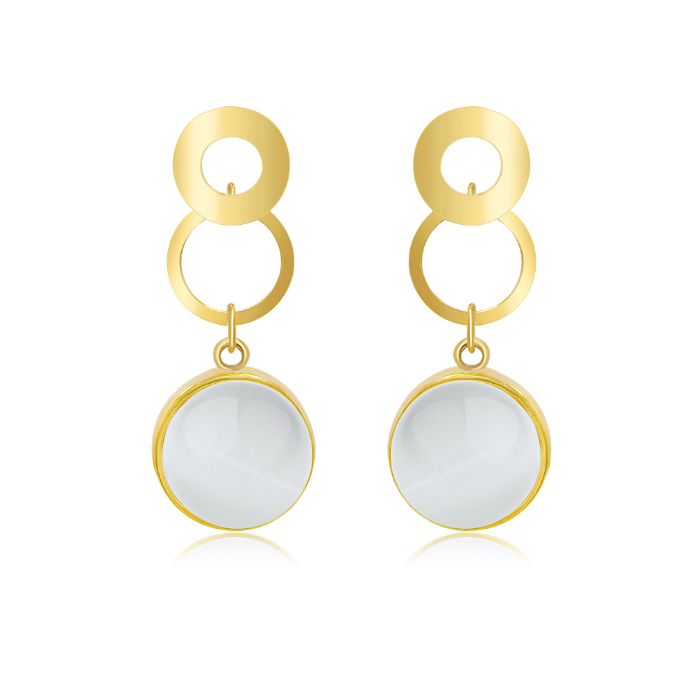 A pair of White Cat's Eye Dangling Earrings, featuring gold-plated brass and a large 16mm white circular cat-eye stone against a white background.
