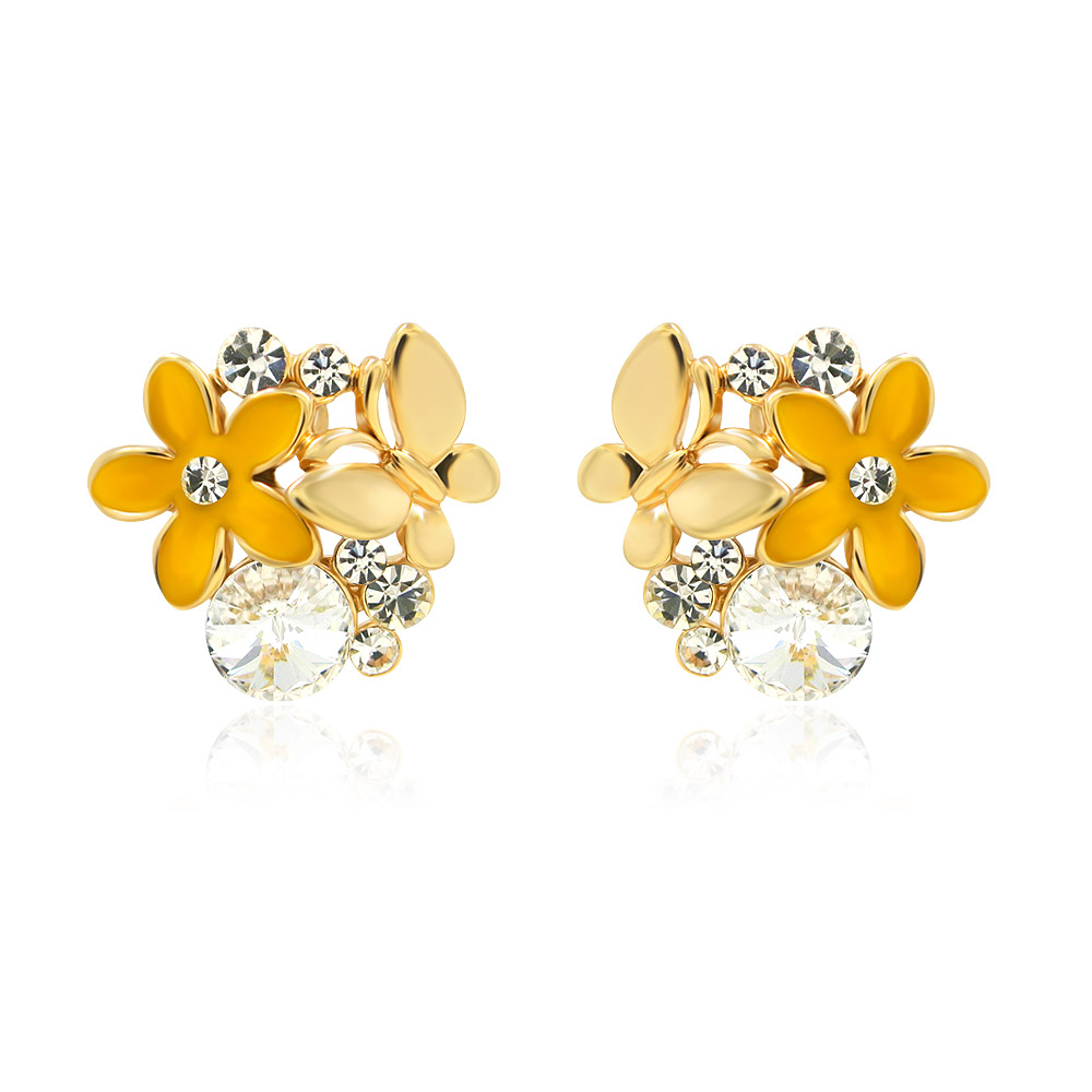 A pair of Summer Daisy Flower Butterfly Studs, featuring a gold-plated floral and butterfly design with sparkling white crystal accents, shown on a white background.