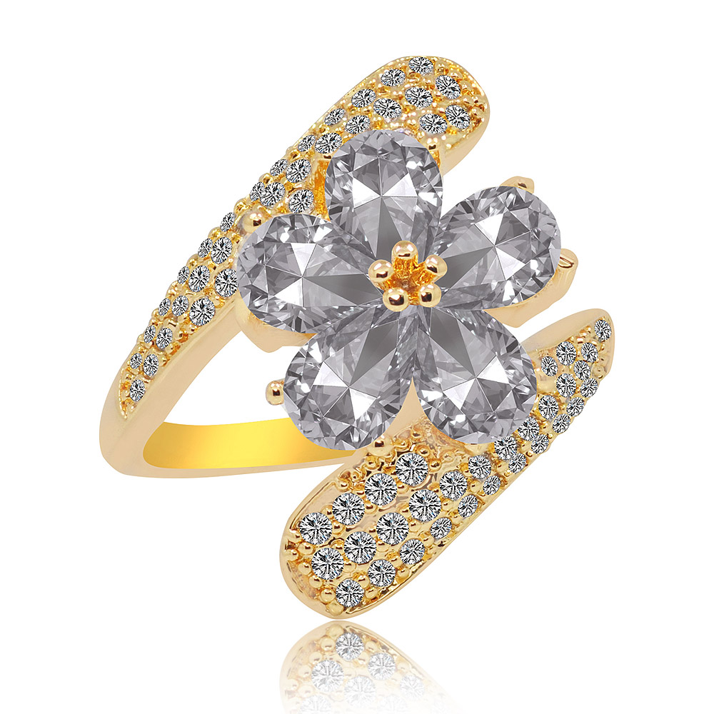 Front view of the Delicate Floral Wrap Fashion Ring, showcasing its gold band and a flower-shaped cluster of four large, brilliant cubic zirconia stones.