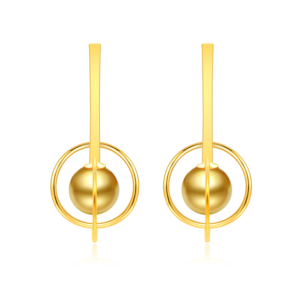 Front view of the Gold Drops Of Pearl Earrings, featuring a 12mm glass pearl suspended within a modern, gold-plated geometric frame.
