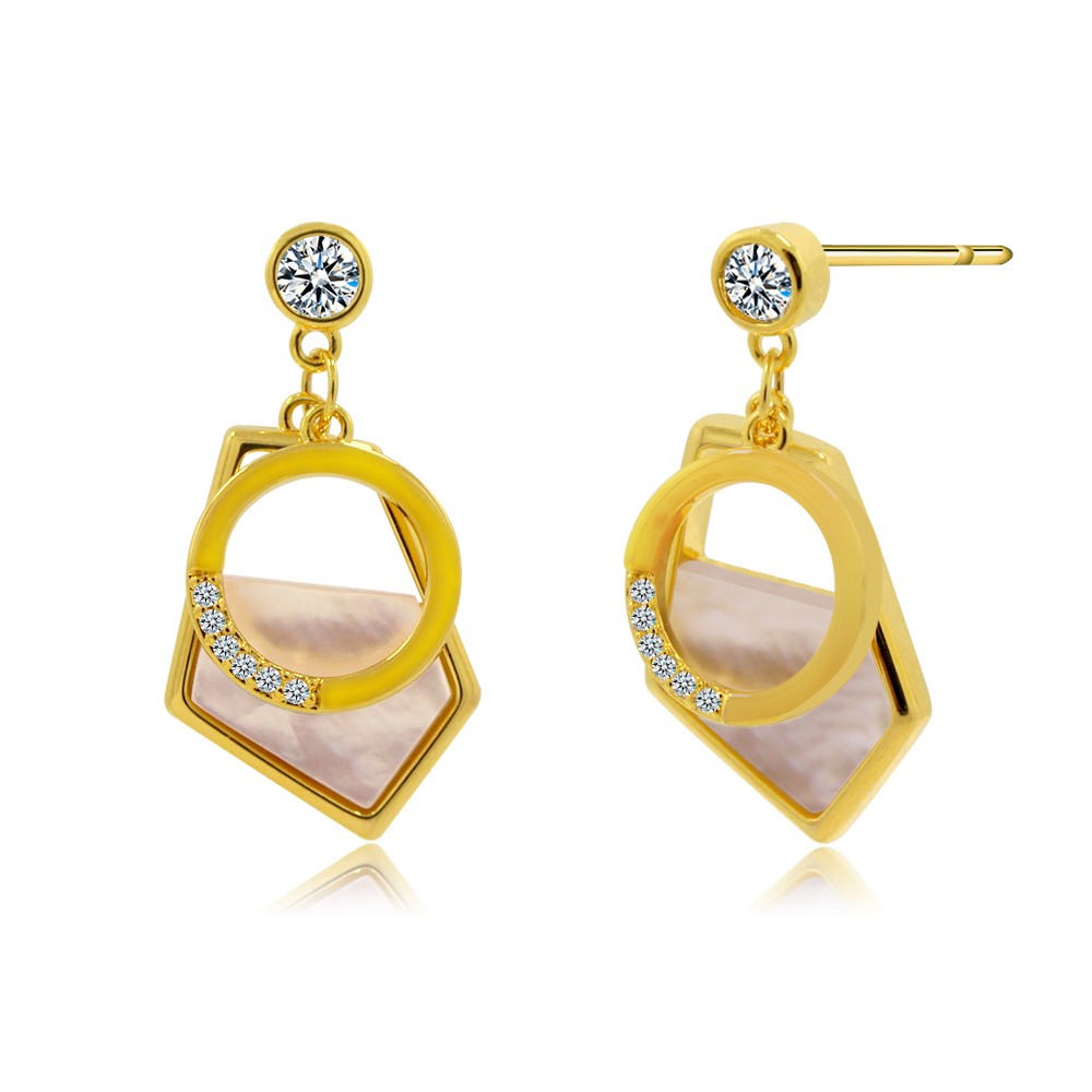 A pair of elegant Geometric Shell Drop Earrings with a gold geometric design, featuring a beautiful mother-of-pearl inlay and sparkling diamond accents.