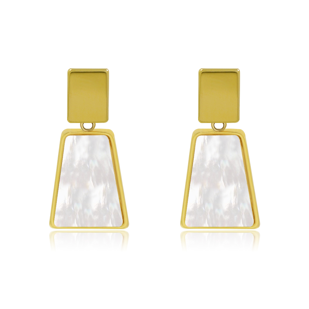 A pair of Rectangle Shell Earrings featuring a geometric design with gold plating and a white iridescent shell inlay, shown against a white background.