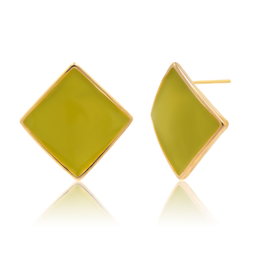 A pair of Square Enamel Geometry Earrings in vibrant green, featuring a gold-plated brass setting and a glossy finish.